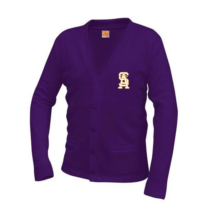 Cardigan Purple Sweater w/ St. Anthony Elementary School logo- Mandatory Grades TK-5